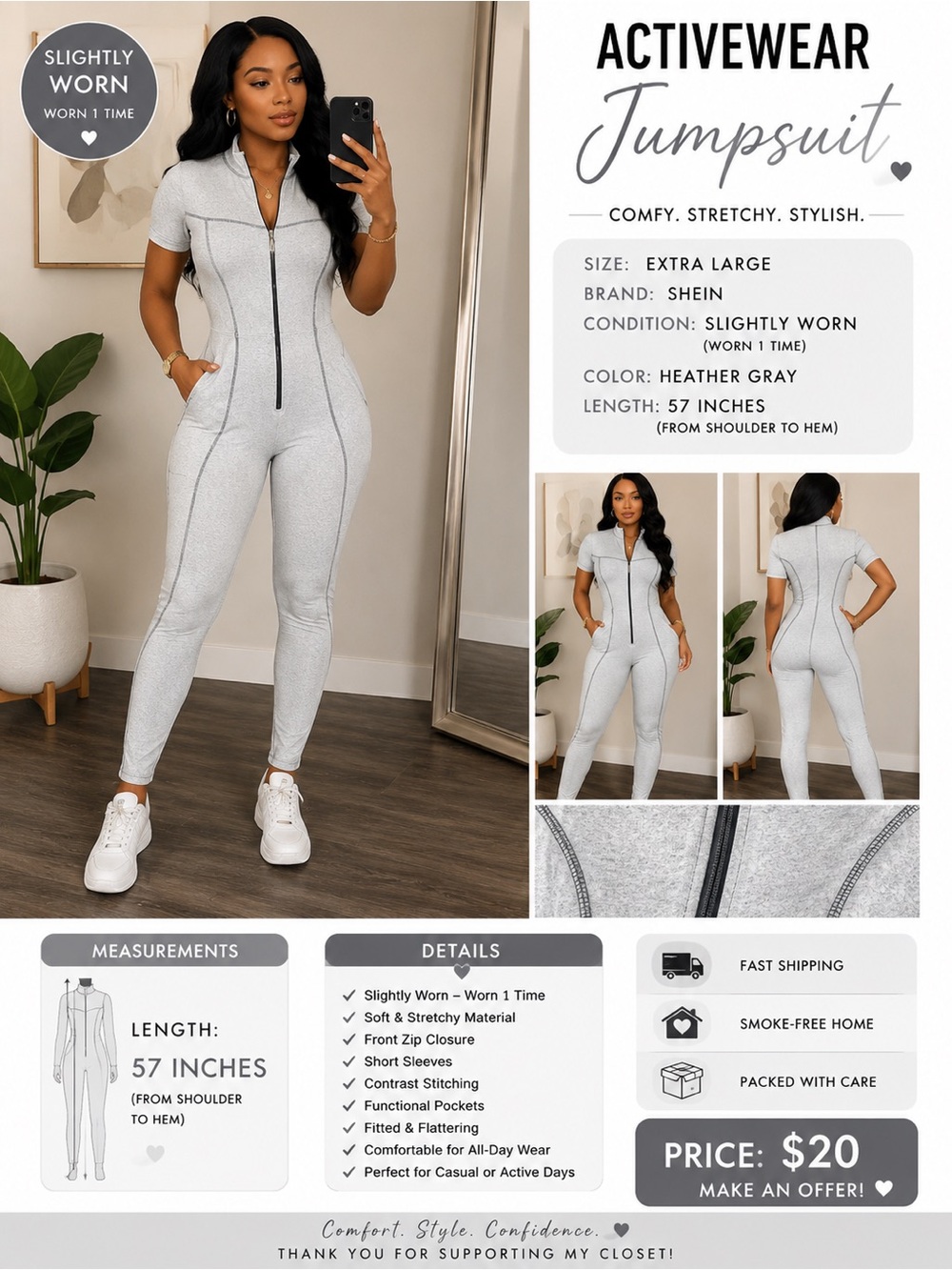SHEIN Heather Gray Short-Sleeve Active Jumpsuit with Front Zip